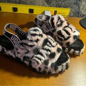 UGG Black and Pink Fuzzy Slippers